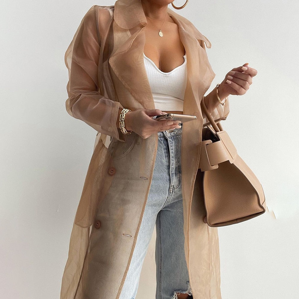 2022 Women Fashion See Through Outdoor Tops Lace Up Spring Solid Sheer Mesh Long Sleeve Buttoned Coat With Belt Elegant Shirts