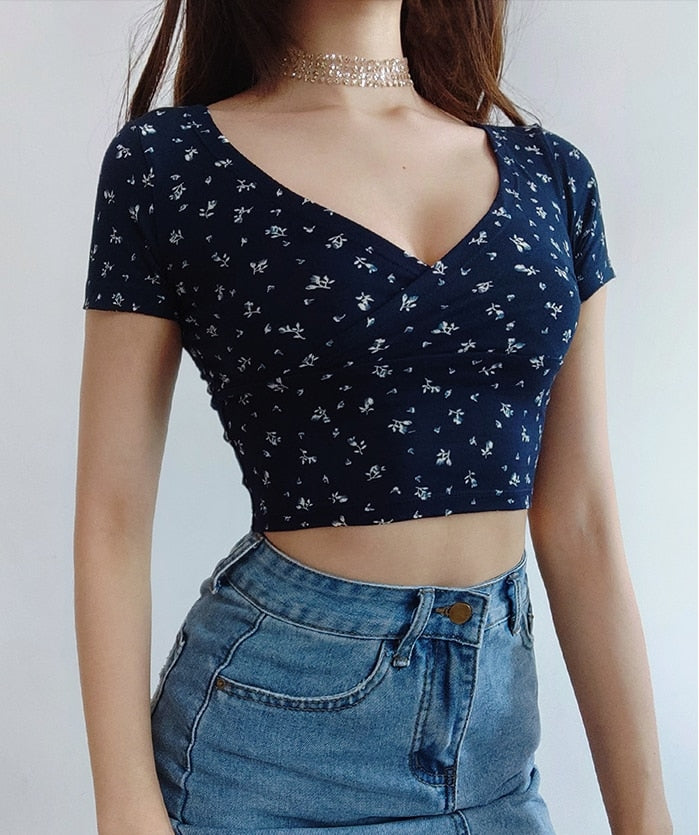 Y2K Vintage Floral Cross Crop Top T-shirt Women Cropped Slim Short Sleeve V-neck Sexy Summer Clothes Tee Shirt Femme Woman Tops