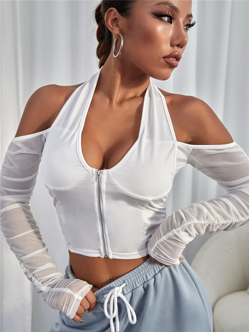 CHRONSTYLE 2021 Sexy V-neck Mesh T-shirt Tops Cropped Summer Women See Through Off Shoulder Long Sleeve Club Party Tee Shirts