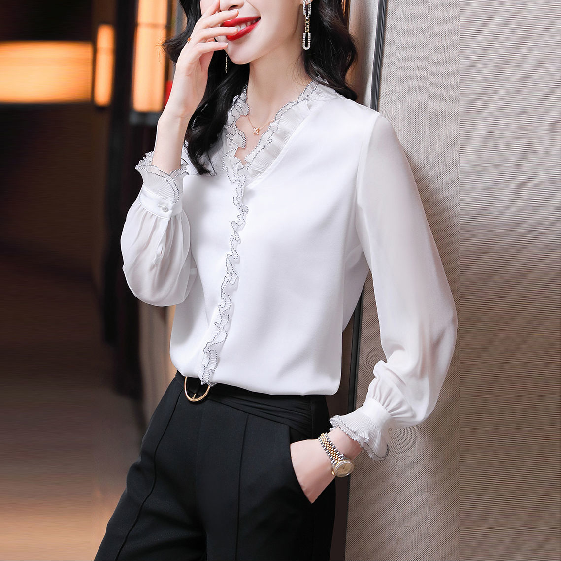 Lace Ruffles Chiffon Shirts Women&#39;s Clothing 2021 Autumn Winter New Office Lady Long Sleeve Pullovers Vintage Elegant Blouse 4XL