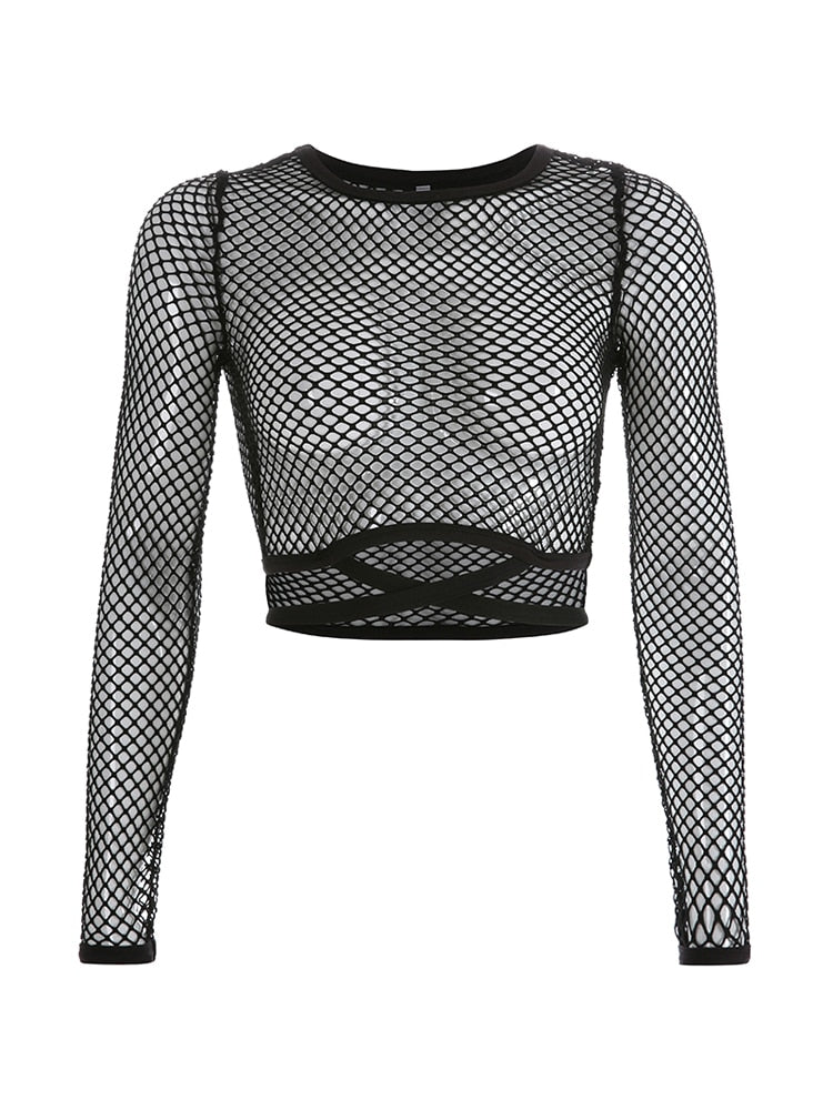 HEYounGIRL Black Fishnet Sexy Tshirt Women Hollow Out Mesh Long Sleeve Crop Tops Tees Bandage See Through T Shirt Female Spring