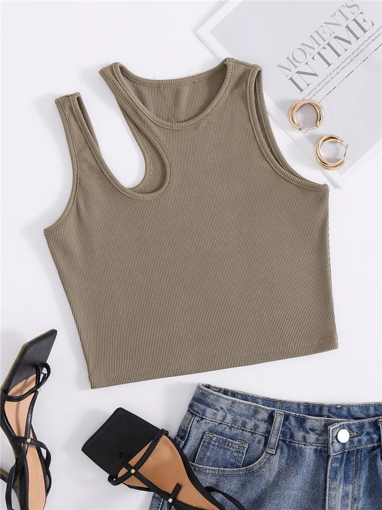 Sexy Rib-knit Tank Top for Women Summer Solid O-neck Sleeveless Crop Tops Street Vintage Korean Fashion Shirt Vest Y2K Clothes