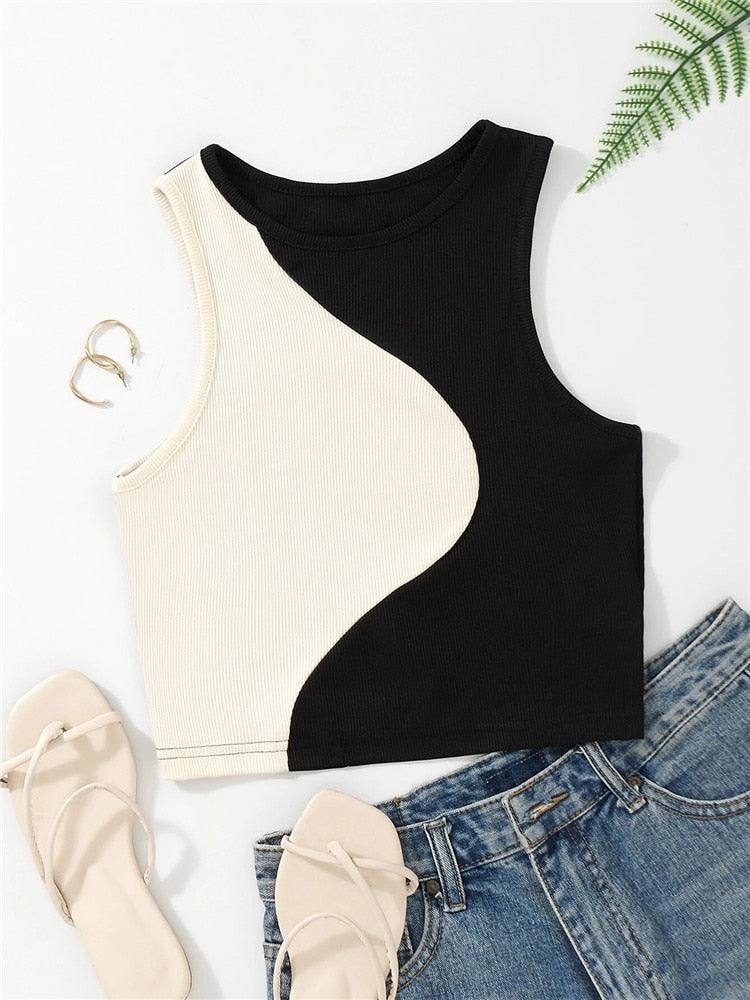 Women&#39;s Cute Preppy Style Patchwork Tank Top Summer Crewneck Sleeveless Bodycon Crop Tops Y2K Clothes Streetwear Baby Tee Vest