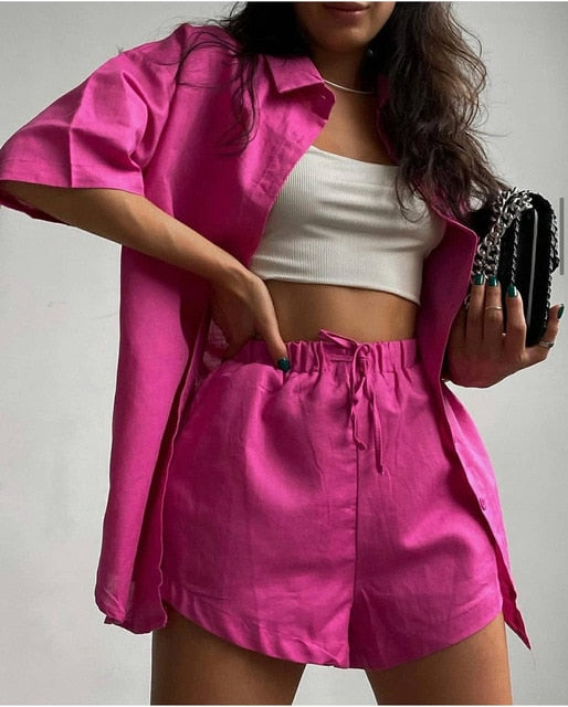 Loung Wear Women&#39;s Home Clothes Stripe Long Sleeve Shirt Tops and Loose High Waisted Mini Shorts Two Piece Set Pajamas