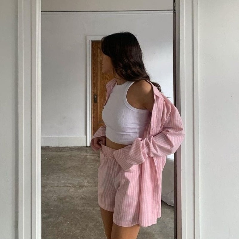 Loung Wear Women&#39;s Home Clothes Stripe Long Sleeve Shirt Tops and Loose High Waisted Mini Shorts Two Piece Set Pajamas