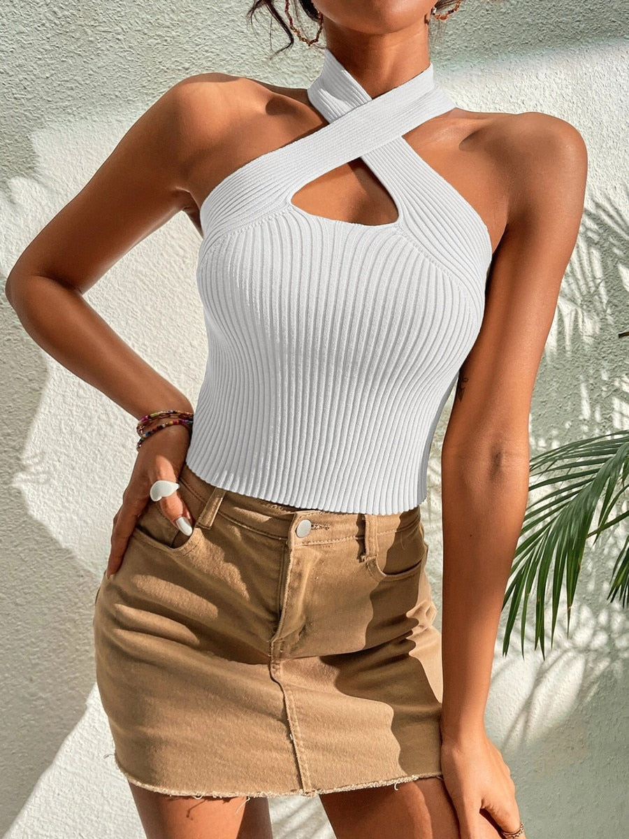 Summer New Women Heart Criss Cross Ribbed Knit Sleeveless Halter Crossfit Y2K Crop Top Clothes Femme Sexy Casual Backless Tank