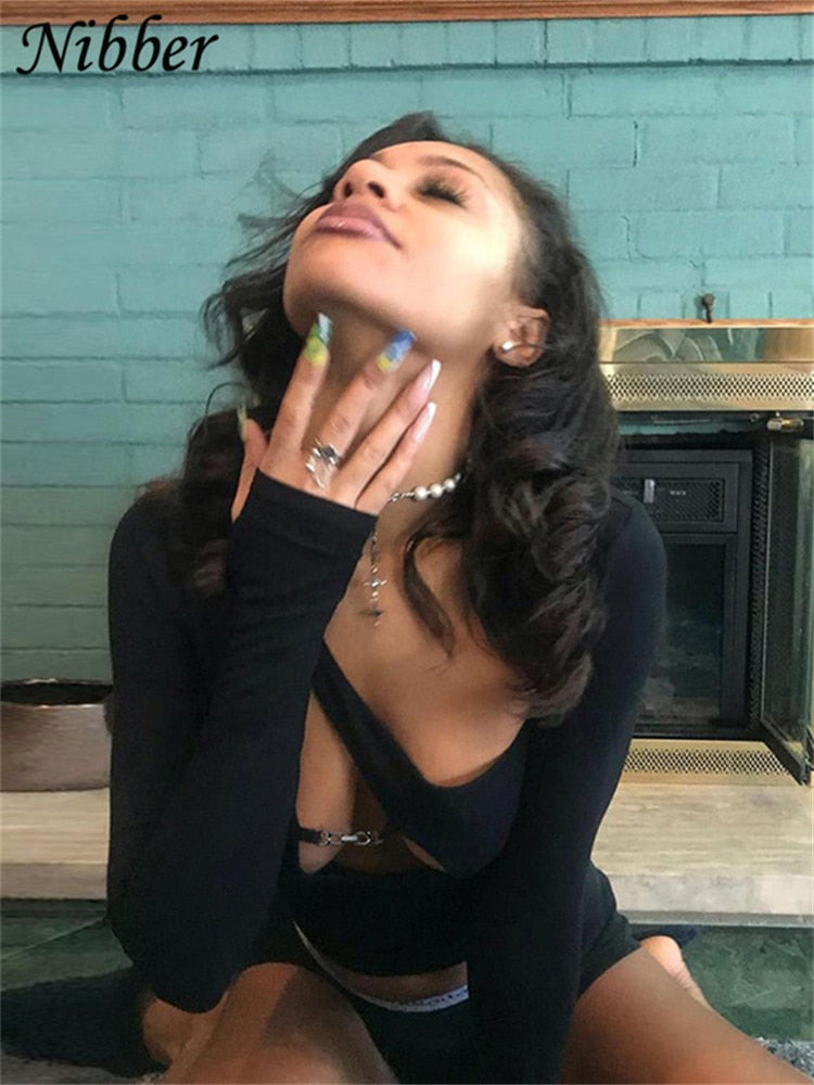 Nibber Hollow Out Crop Top Y2K Punk Tee Shirts For Women Asymmetrical Gothic Streetwear 2021 Spring Sexy Skinny Club Clothes Top