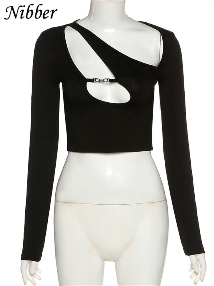 Nibber Hollow Out Crop Top Y2K Punk Tee Shirts For Women Asymmetrical Gothic Streetwear 2021 Spring Sexy Skinny Club Clothes Top