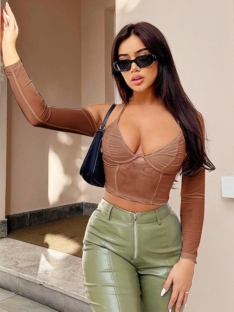 Nibber sexy low cut mesh top women Halter 2022 Summer club party black see-through Tops Transparent long sleeve Tee shirt female