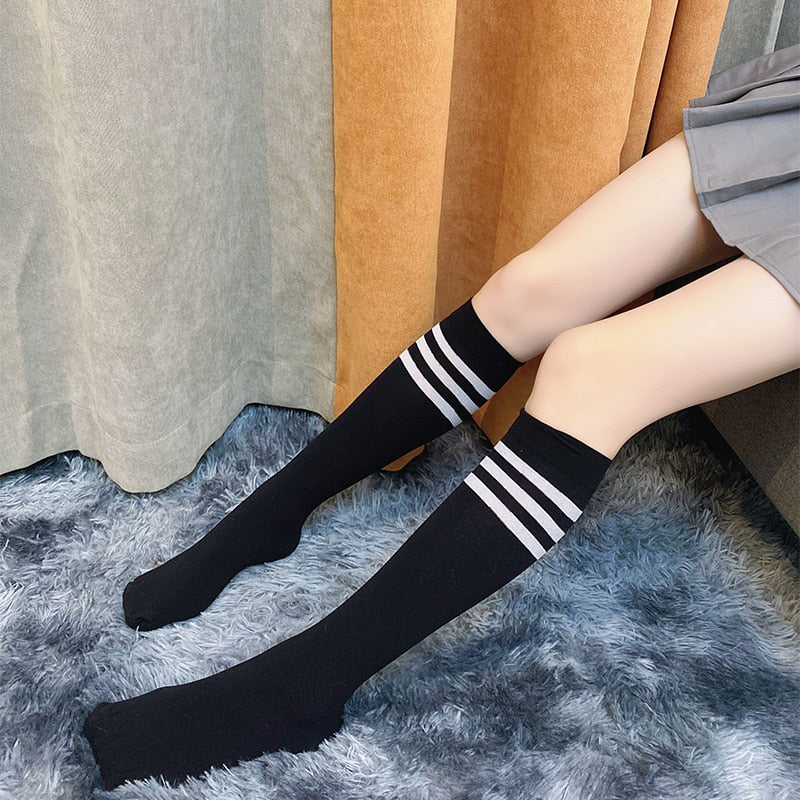 New Sexy Medias Black White Striped Long Socks Women Over Knee Thigh High Over The Knee Stockings Ladies Girls Warm Knee Socks