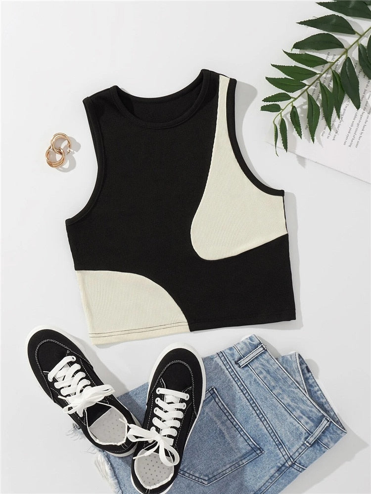 Women&#39;s Cute Preppy Style Patchwork Tank Top Summer Crewneck Sleeveless Bodycon Crop Tops Y2K Clothes Streetwear Baby Tee Vest