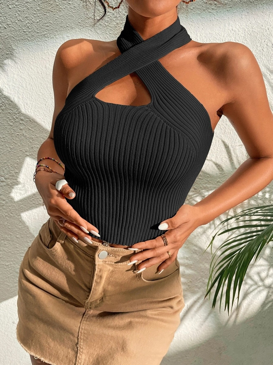 Summer New Women Heart Criss Cross Ribbed Knit Sleeveless Halter Crossfit Y2K Crop Top Clothes Femme Sexy Casual Backless Tank