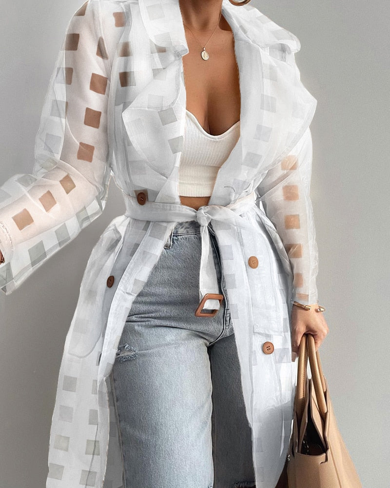 2022 Women Fashion See Through Outdoor Tops Lace Up Spring Solid Sheer Mesh Long Sleeve Buttoned Coat With Belt Elegant Shirts