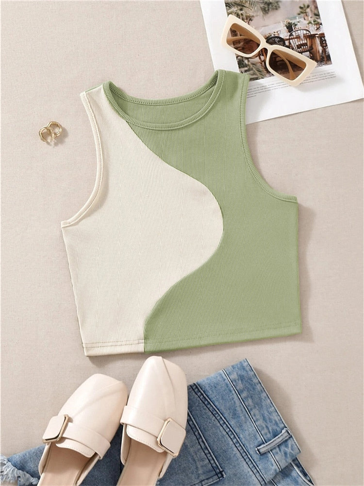 Women&#39;s Cute Preppy Style Patchwork Tank Top Summer Crewneck Sleeveless Bodycon Crop Tops Y2K Clothes Streetwear Baby Tee Vest