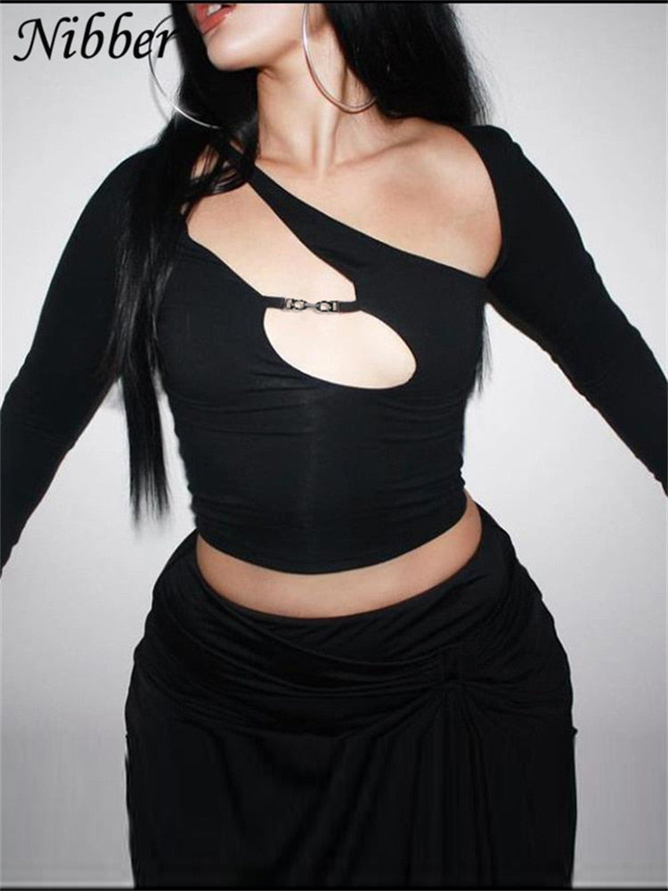 Nibber Hollow Out Crop Top Y2K Punk Tee Shirts For Women Asymmetrical Gothic Streetwear 2021 Spring Sexy Skinny Club Clothes Top