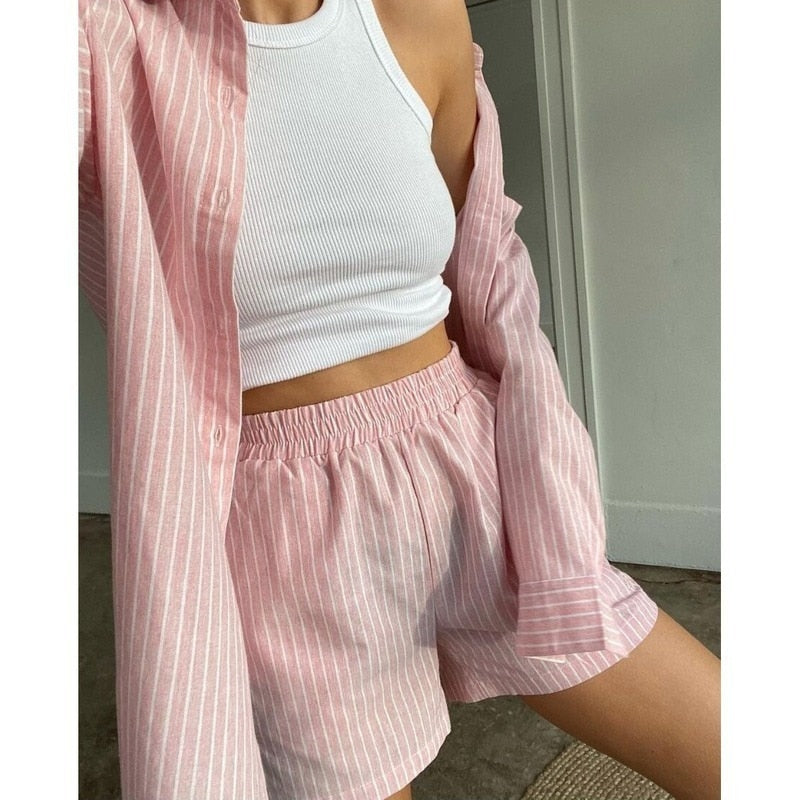 Loung Wear Women&#39;s Home Clothes Stripe Long Sleeve Shirt Tops and Loose High Waisted Mini Shorts Two Piece Set Pajamas