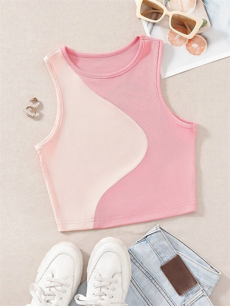 Women&#39;s Cute Preppy Style Patchwork Tank Top Summer Crewneck Sleeveless Bodycon Crop Tops Y2K Clothes Streetwear Baby Tee Vest